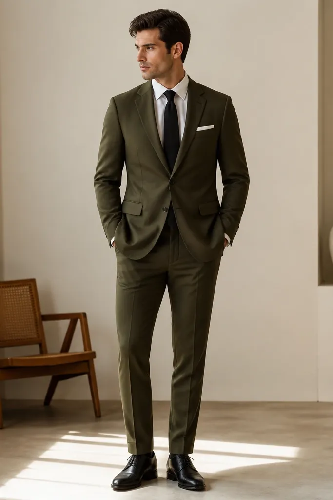 An olive suit with a white shirt and a black tie. The pocket square is white with a simple fold and shoes are black leather.