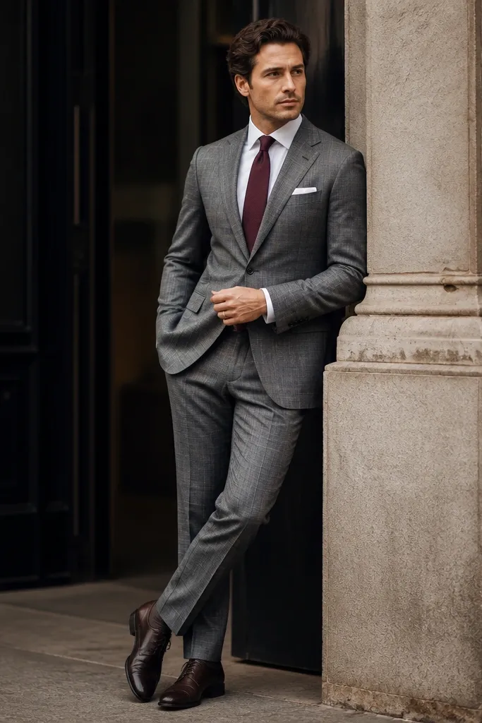 A gray suit with subtle check pattern, a white dress shirt, and a burgundy tie. The pocket square is white linen and the shoes are dark brown leather.
