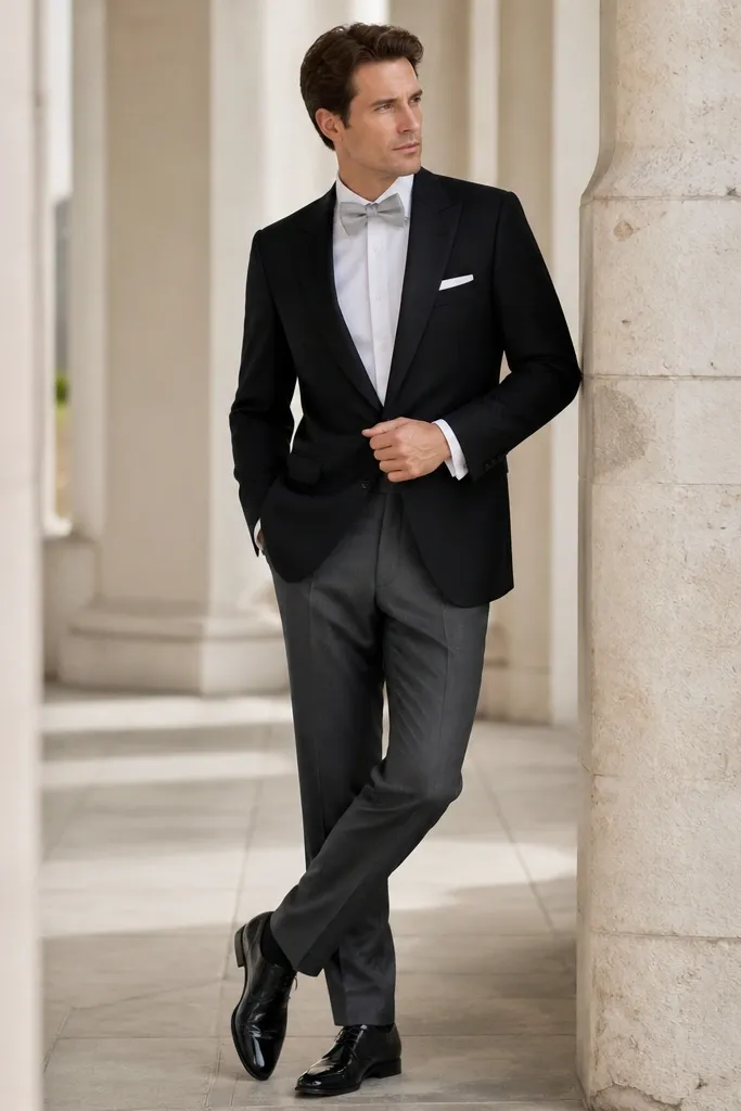 A tuxedo with black jacket and gray trousers, a white shirt, and a silver bow tie. The pocket square is white and the shoes are black patent leather.