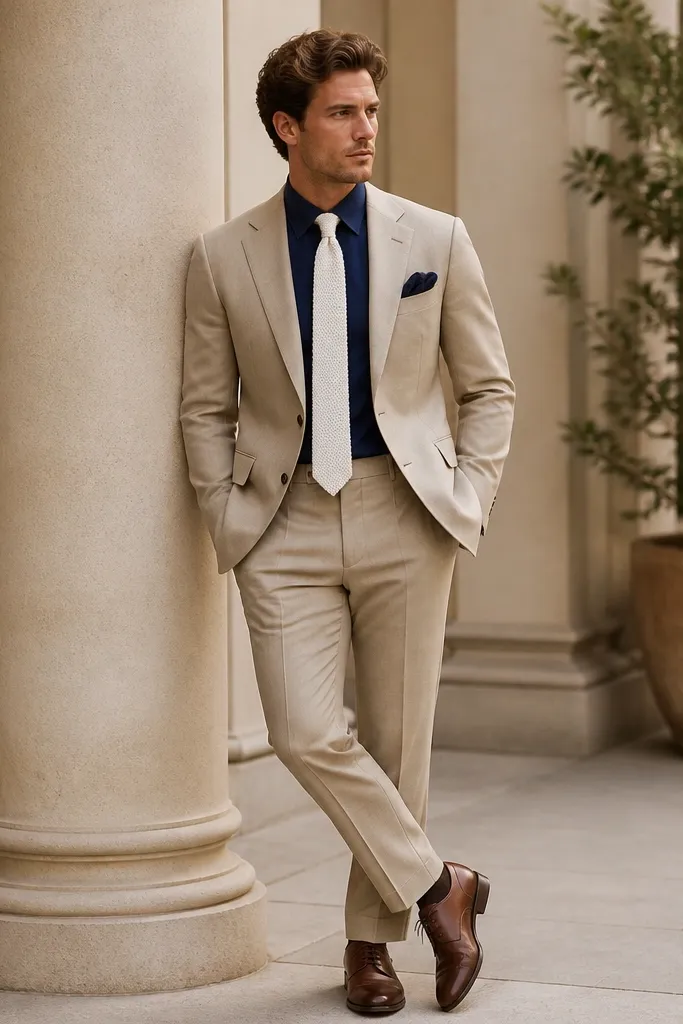 A tan suit with a navy dress shirt and a white knit tie. The pocket square is navy and shoes are brown leather.