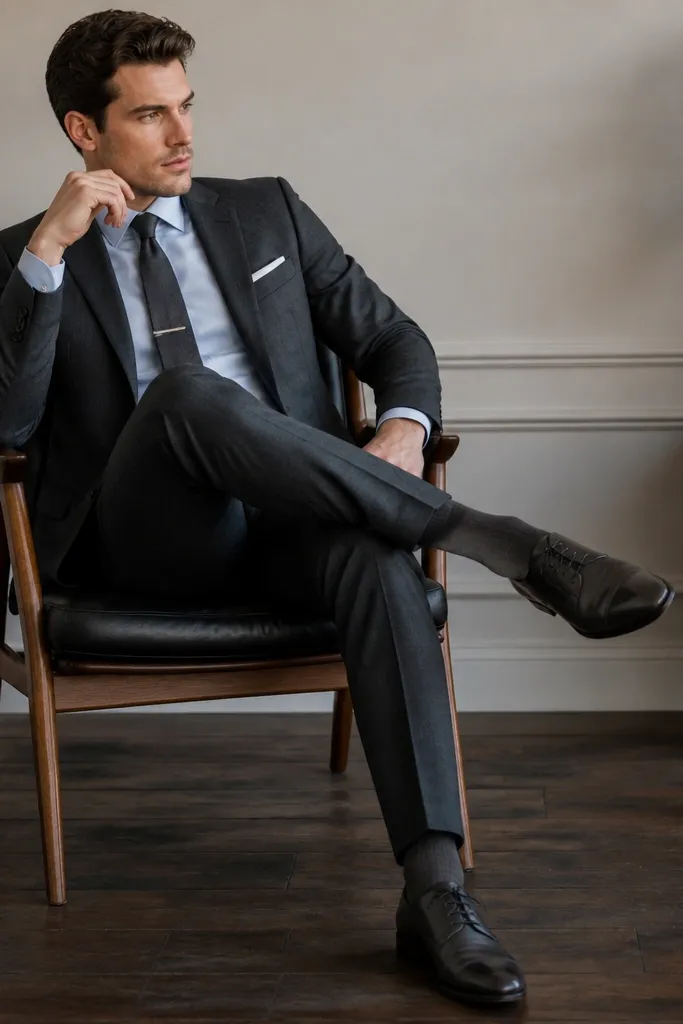 A charcoal gray formal dress with a light sky blue shirt; a small silver tie clip; gray socks; polished dark gray oxford shoes.