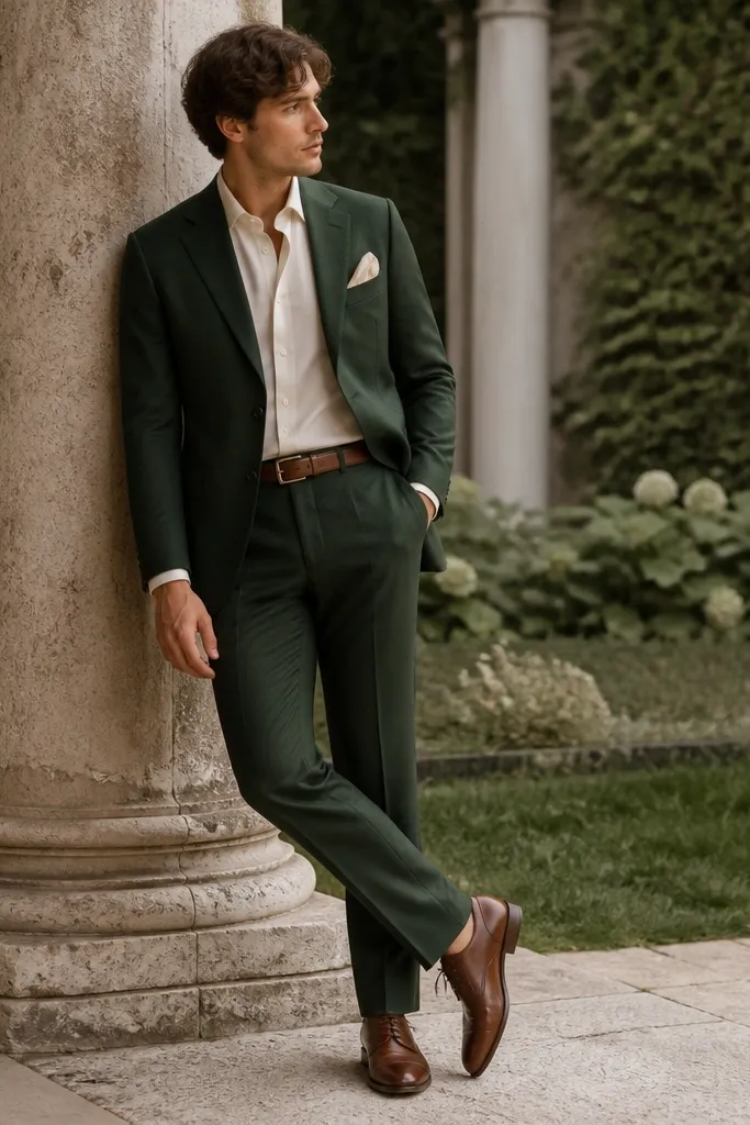 A forest green formal dress with a cream dress shirt; an espresso brown leather belt and matching shoes; a small cream pocket square.