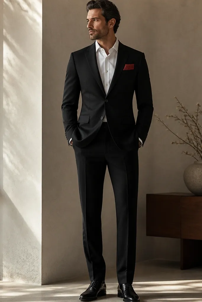 A black formal dress for men with a white button-down shirt; a red pocket square folded in a simple rectangle; black leather shoes; minimal jewelry.