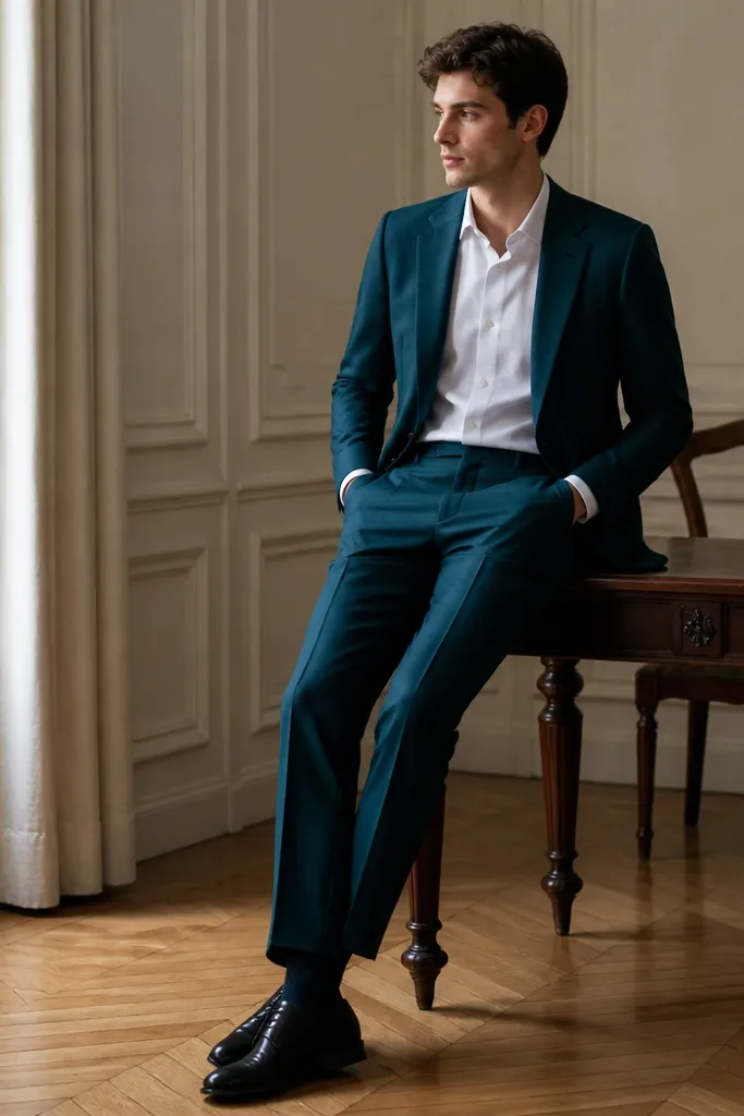 A deep teal formal dress with a white shirt; visible navy socks peeking at the hem; teal fabric has a slight sheen; dark leather shoes.