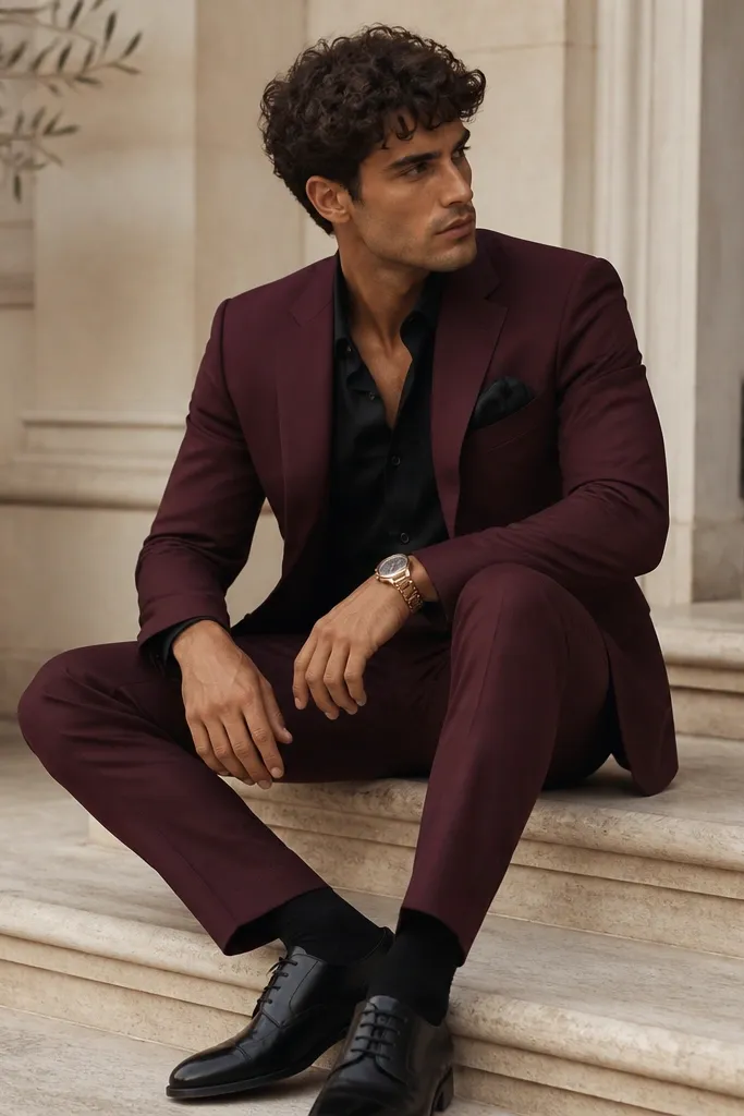A burgundy formal dress with a black dress shirt; a gold-tone watch; black leather shoes; a dark pocket square.