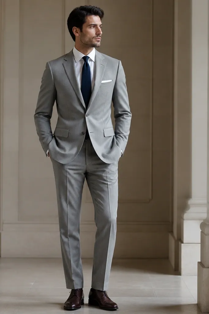 A light gray formal dress with a navy tie and crisp white pocket square; the shirt is white; shoes are dark brown.