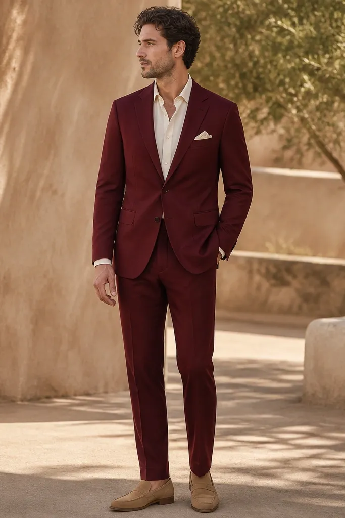 An oxblood red formal dress with an ivory shirt; tan suede shoes; a small ivory pocket square; warm outdoor background.