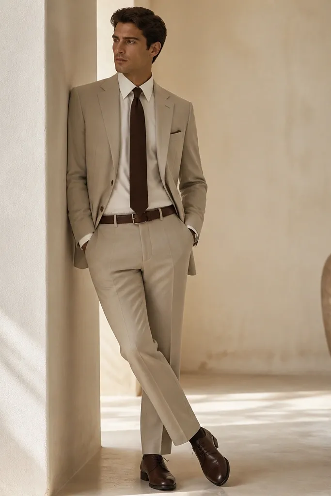 A sand beige formal dress with a chocolate brown tie; the belt and shoes are also chocolate brown; shirt is off-white.