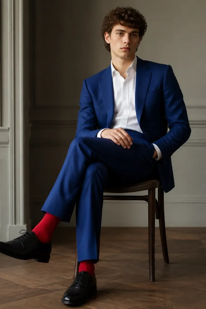 A royal blue formal dress with a white shirt; red socks visible under the hem; dark leather shoes; no extra colorful tie.