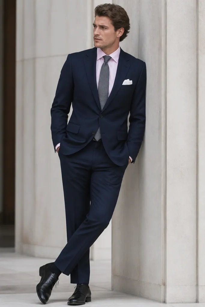A navy formal dress with a pale pink shirt; a medium gray tie; pocket square in white; shoes in black.