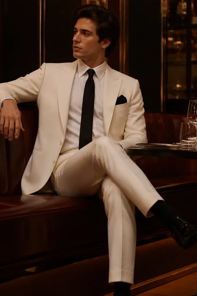 A cream formal dress with a black tie; black patent leather shoes; a black pocket square; the scene is a dim restaurant with warm lighting.