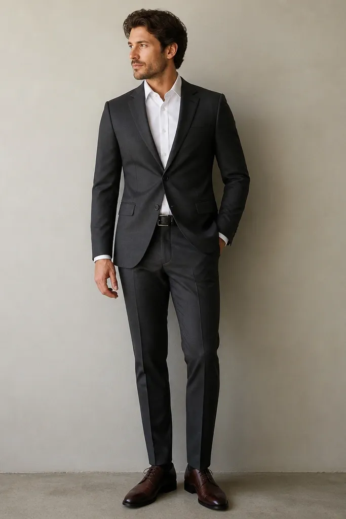 A charcoal tailored blazer worn with a crisp white button-down oxford shirt, slim flat-front charcoal trousers, a black leather belt, and dark brown derby shoes. The outfit is photographed against a neutral wall with the jacket buttoned and sleeves ending just at the wrist.