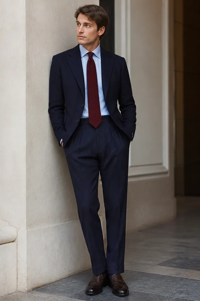 A navy blazer with two buttons over a pale blue button-down, mid-rise pleat-front trousers in deep navy, a burgundy knit tie, and dark brown loafers. The photo shows the pleats clearly and the tie sitting straight at the belt line.