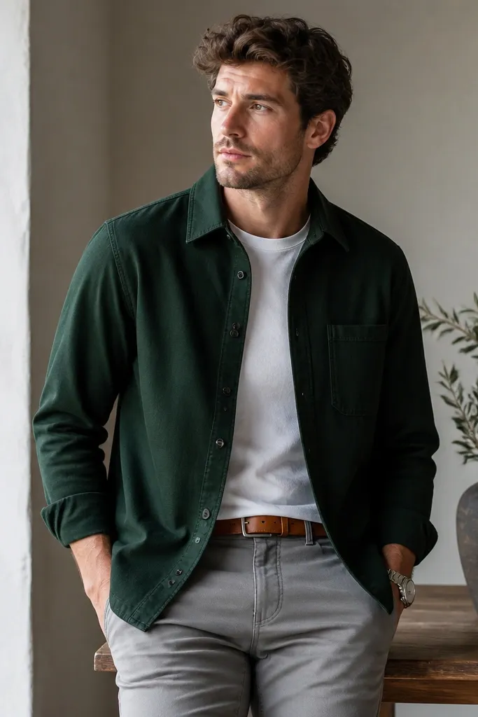 A thick forest green overshirt buttoned halfway over a white crew-neck tee, grey chinos, a tan leather belt, and a simple metal watch. The overshirt has visible stitching and a structured collar.