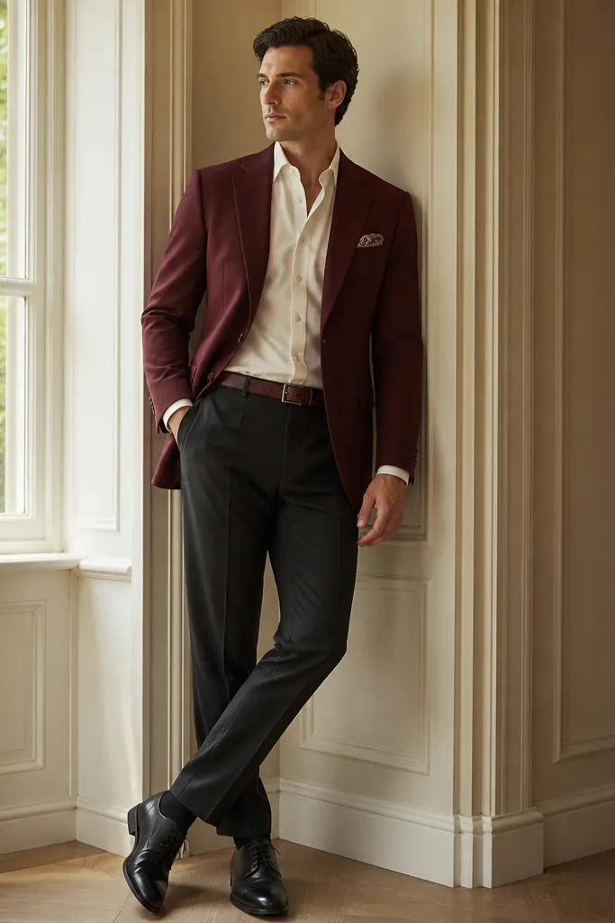 An oxblood red blazer worn with a cream dress shirt, a subtle patterned pocket square, oxblood belt, and black leather oxford shoes. The lapels are clean and the blazer is tailored through the waist.