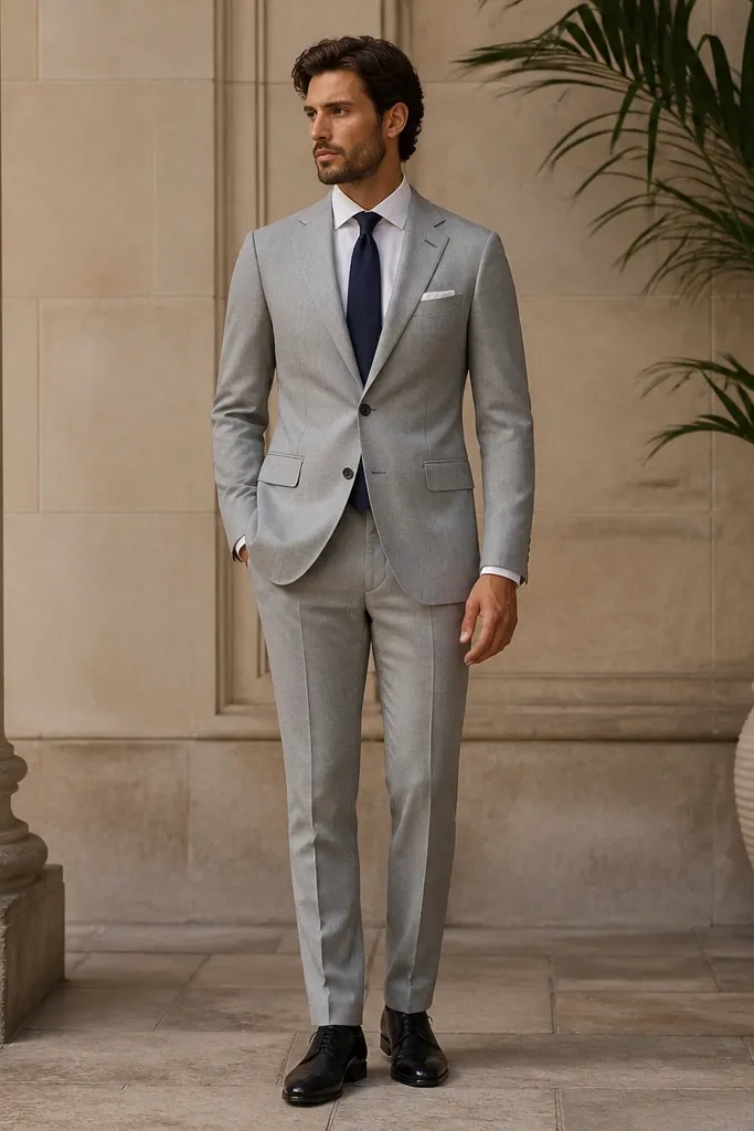 A light grey two-piece suit in a subtle weave, a white dress shirt, navy tie, white linen pocket square, and polished black leather shoes. The jacket is buttoned and the tie knot sits centered.