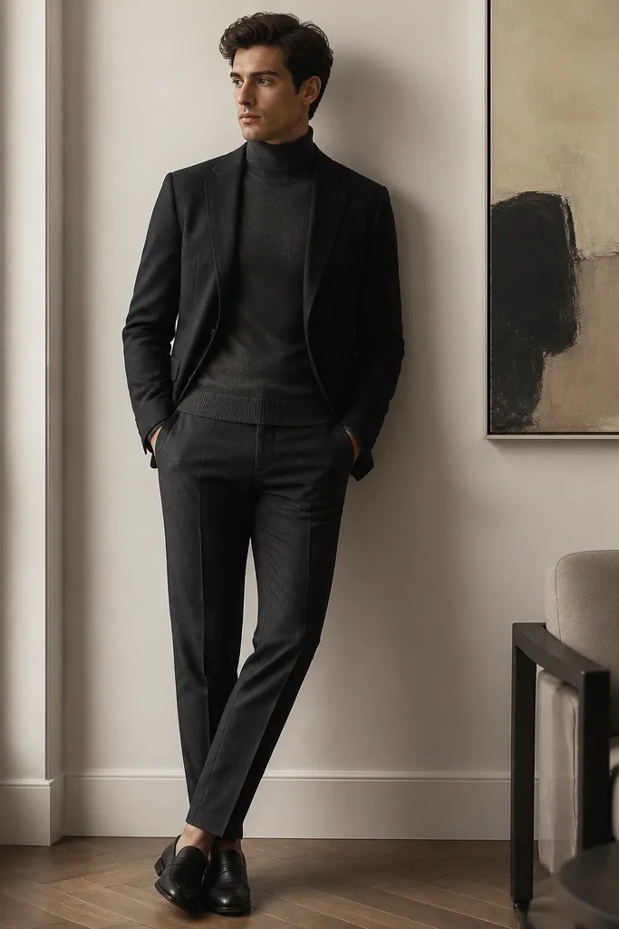 A charcoal turtleneck sweater under a black or charcoal blazer, paired with dark charcoal trousers and black leather loafers. The turtleneck fits snug at the neck without bunching.