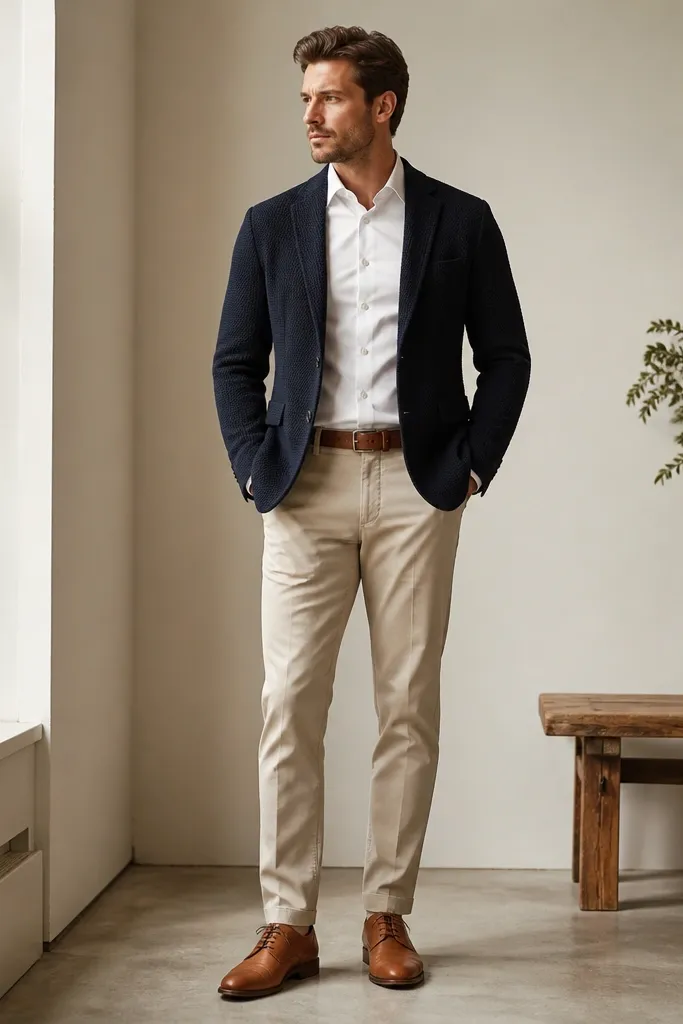 A navy knit blazer over a white dress shirt with sleeves buttoned at the wrist, stone-colored chinos, a simple brown belt, and tan leather lace-up shoes. The knit texture is visible in the photo.