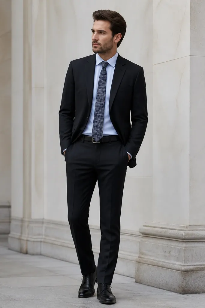 A black blazer worn over a light blue button-down shirt with a tie showing a subtle micro pattern in navy and grey. Black leather shoes and a black belt complete the look.