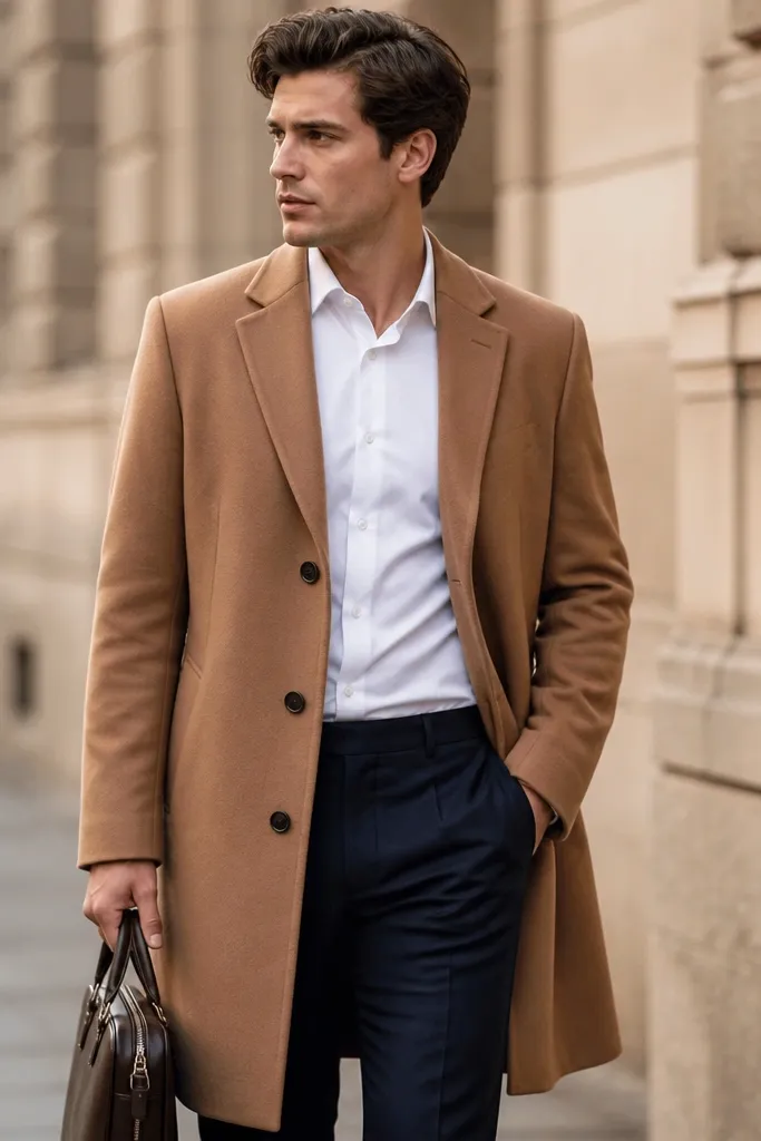 A camel overcoat worn open over a white dress shirt and navy trousers. The person is holding a briefcase, and the coat has visible buttons and a neat lapel line.
