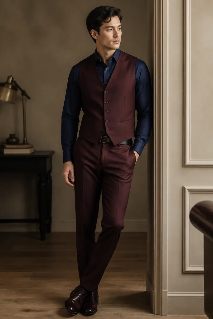 A burgundy waistcoat layered over a navy dress shirt, paired with matching burgundy trousers. The outfit includes a dark belt and polished leather shoes.