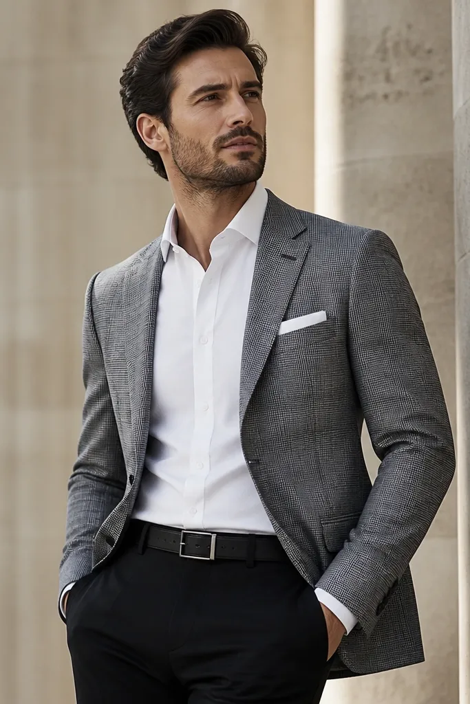 A blazer with a grey check pattern, solid white dress shirt, black trousers, and a simple black belt. The blazer lapels and pocket square are neatly arranged.