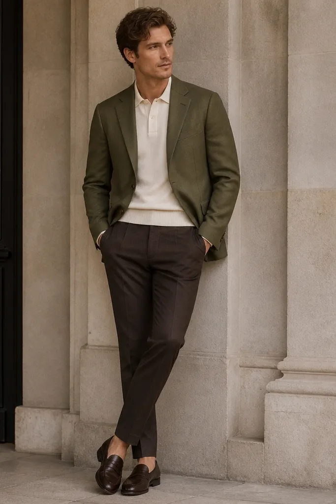 An olive blazer over a cream knit polo shirt, tapered trousers in dark brown or charcoal, and leather loafers. The polo has a neat collar and the blazer sleeves are aligned at the wrist.