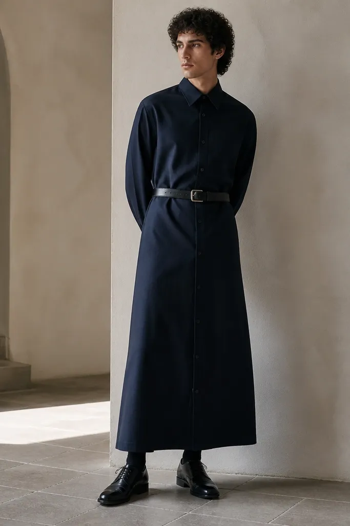A long navy shirt-dress style outfit for men, cinched with a tailored leather belt at the waist, worn with black leather shoes. The shirt-dress has a button front and a structured collar.