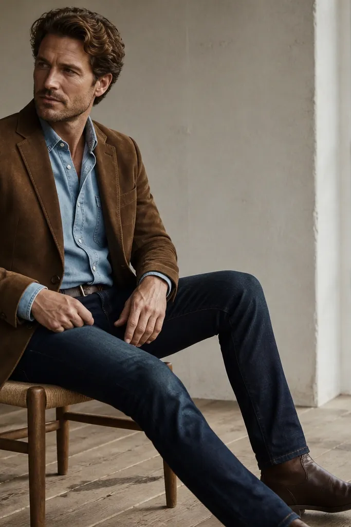 A brown suede blazer worn with a light chambray button-up shirt, dark indigo jeans, and dark brown boots. The suede texture is visible and matte.