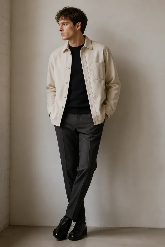 A cream overshirt worn over a black crew-neck sweater, charcoal tailored trousers, and black derby shoes. The overshirt has button cuffs and visible seam details.