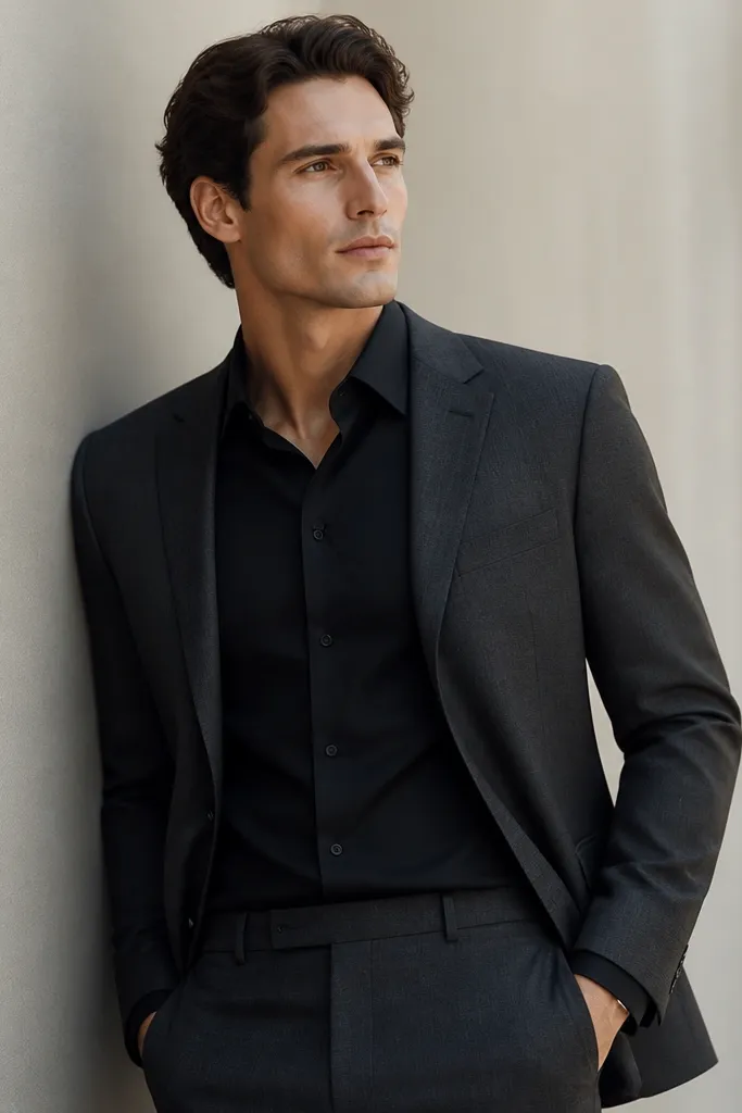 A charcoal suit jacket layered over a black dress shirt with a subtle sheen, paired with charcoal trousers. The tie is optional and the shirt placket looks sharp and structured.