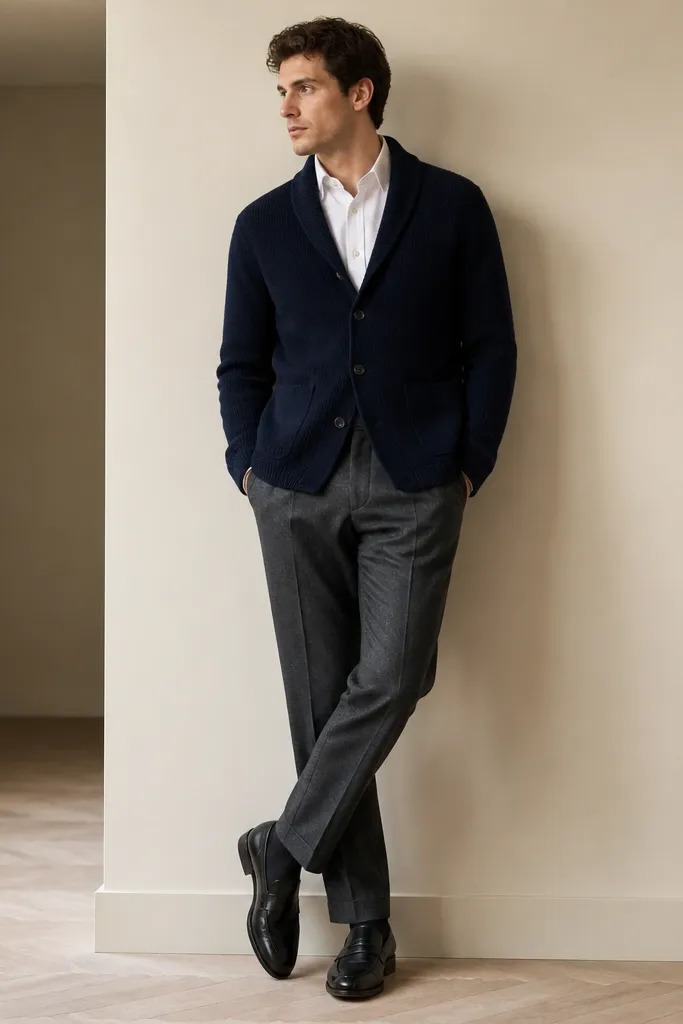 A navy cardigan-style blazer with a button front worn over a white dress shirt, paired with charcoal wool trousers and black leather loafers. The knit texture is visible around the lapels.