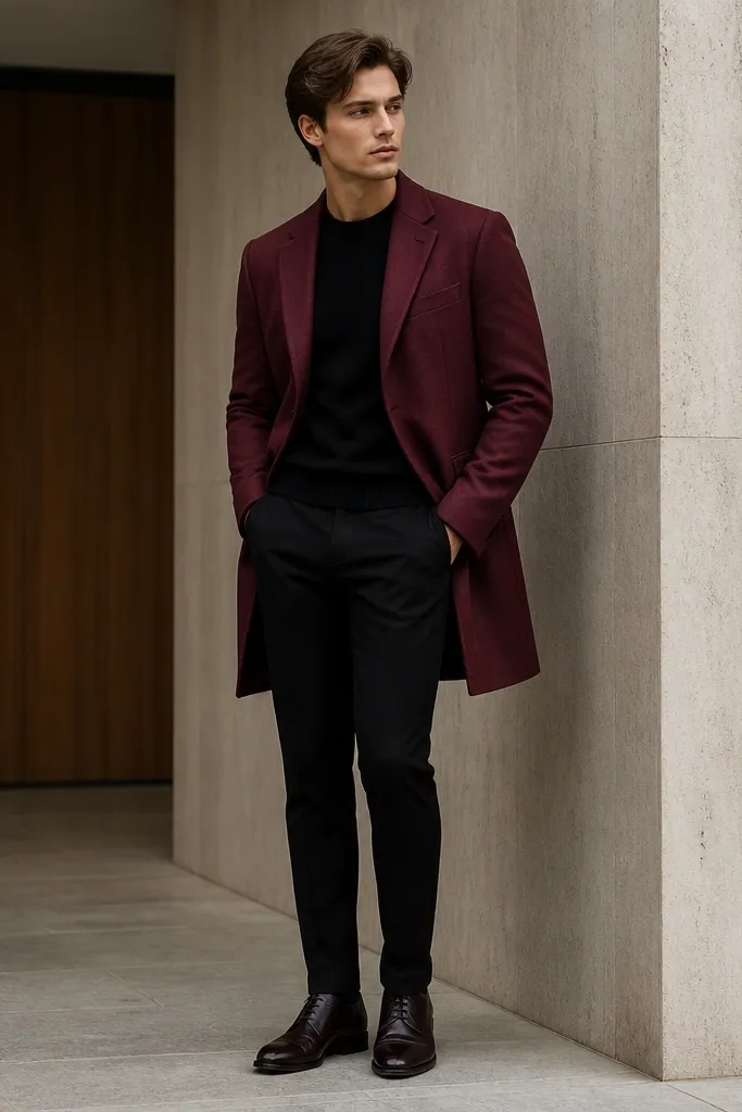 A longline burgundy blazer worn over a black crewneck sweater, paired with slim black trousers and dark leather shoes. The blazer hem extends past the seat and looks tailored.