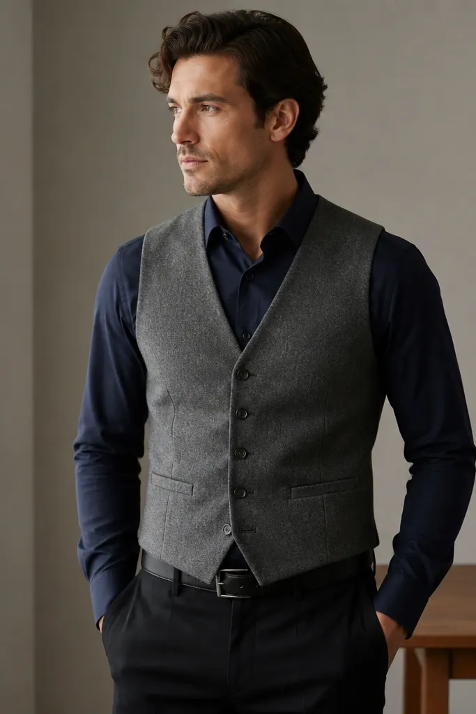 A grey wool vest layered over a navy dress shirt, with black trousers and a black leather belt. The vest has clean welt pockets and a V neckline.