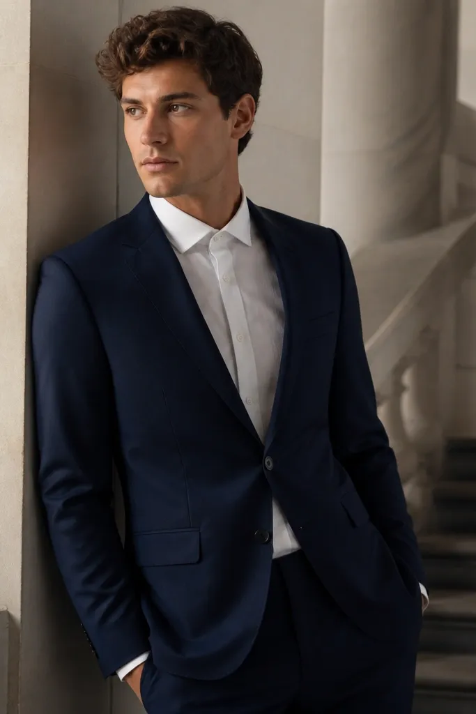 A navy suit jacket and trousers with a white dress shirt worn without a tie. The shirt collar is buttoned neatly at the top button and the jacket is fitted through the waist.
