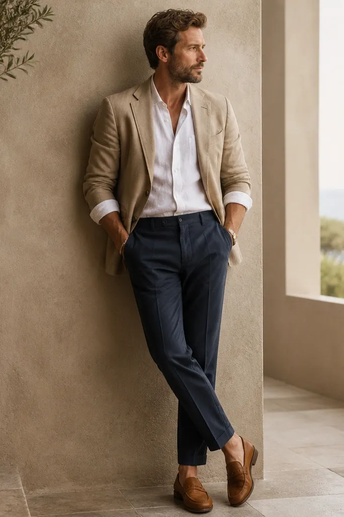 A tan blazer over a white linen button-up shirt with rolled sleeves, paired with navy trousers and cognac leather loafers. The linen texture is visible and matte.