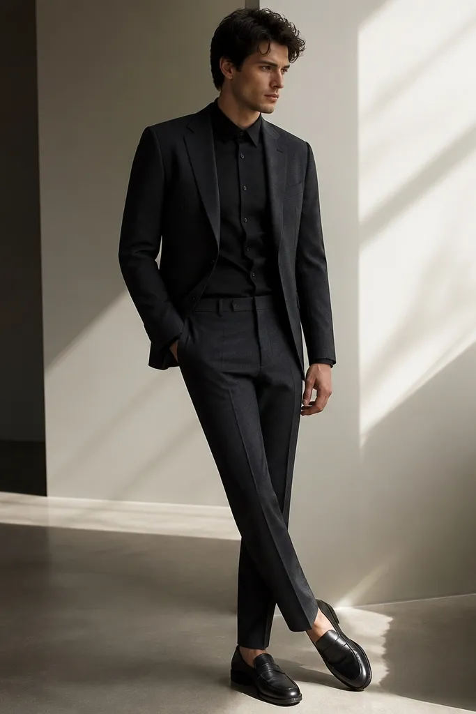 A charcoal suit with a black shirt that has a soft satin finish, paired with black loafers. The shirt collar is tight and the cuffs align with the jacket sleeves.