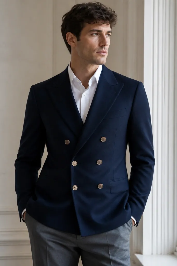 A navy double-breasted blazer with two columns of buttons over a white dress shirt, paired with grey tailored trousers. The blazer has structured shoulders and the buttons are fully aligned.