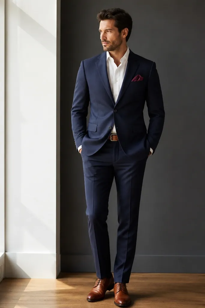 A midnight blue suit with a white shirt, a burgundy pocket square in the breast pocket, and brown leather shoes with a matching belt. The suit jacket is buttoned and the pocket square is folded crisply.