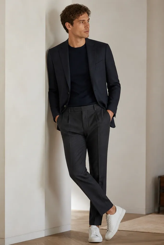 A navy crew-neck t-shirt under a tailored blazer, paired with tailored trousers in dark grey and clean leather sneakers in white or off-white. The blazer sleeves align with the wrist and the shirt hem is tucked.