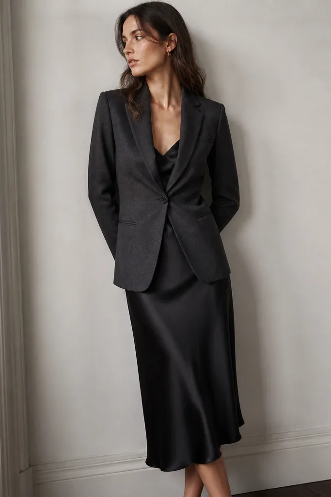 A black satin slip dress with thin straps and a slight bias drape, worn under a charcoal single-breasted blazer; the blazer is buttoned and the dress hem falls mid-calf.