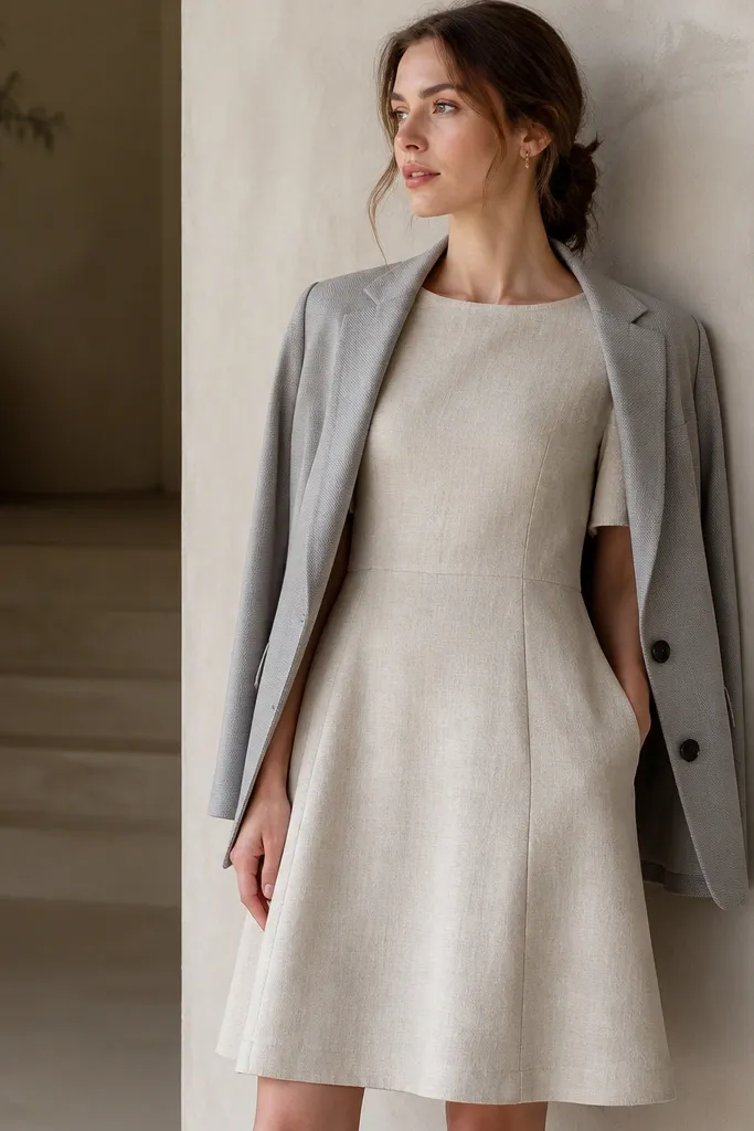 A stone linen-blend dress with a subtle textured weave, layered with a light gray blazer; the dress has short sleeves and a slightly A-line skirt.