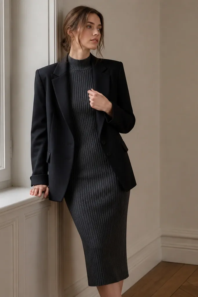 A charcoal ribbed knit midi dress with long sleeves and a high neckline, layered under a black blazer; the ribbing runs vertically.