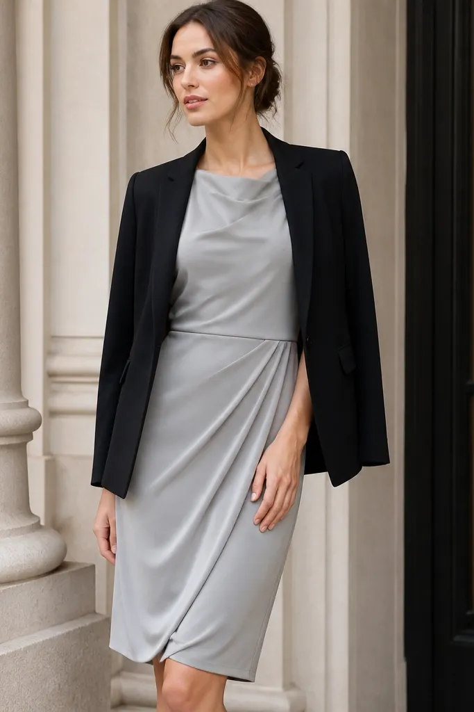 A silver-gray crepe dress with a matte front and satin-like sheen on the underlayer, worn with a black blazer; the dress has a knee-length hem.