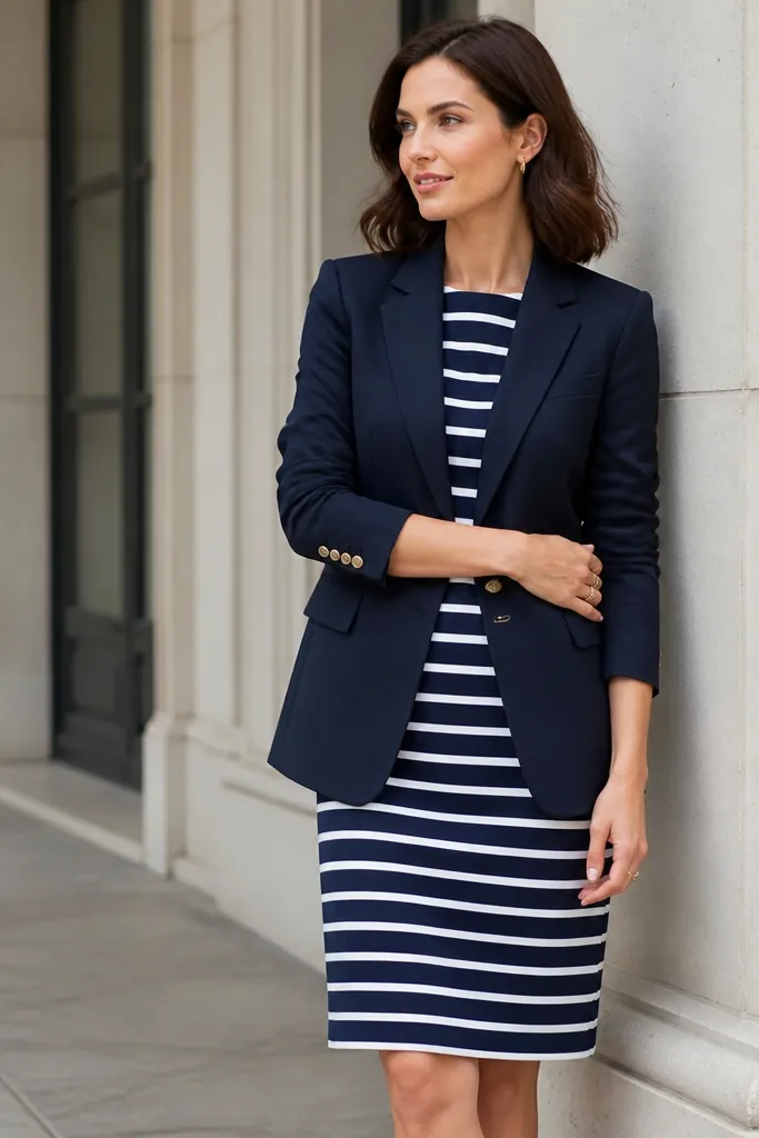 A navy and white striped shift dress with a simple crew neckline, layered with a tailored navy blazer; the shift falls to mid-knee.