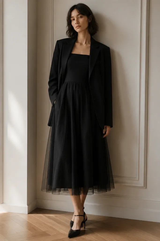 A black dress with a mesh overlay layer and a smooth inner lining, worn with a matte-black blazer; the dress hem is mid-calf.