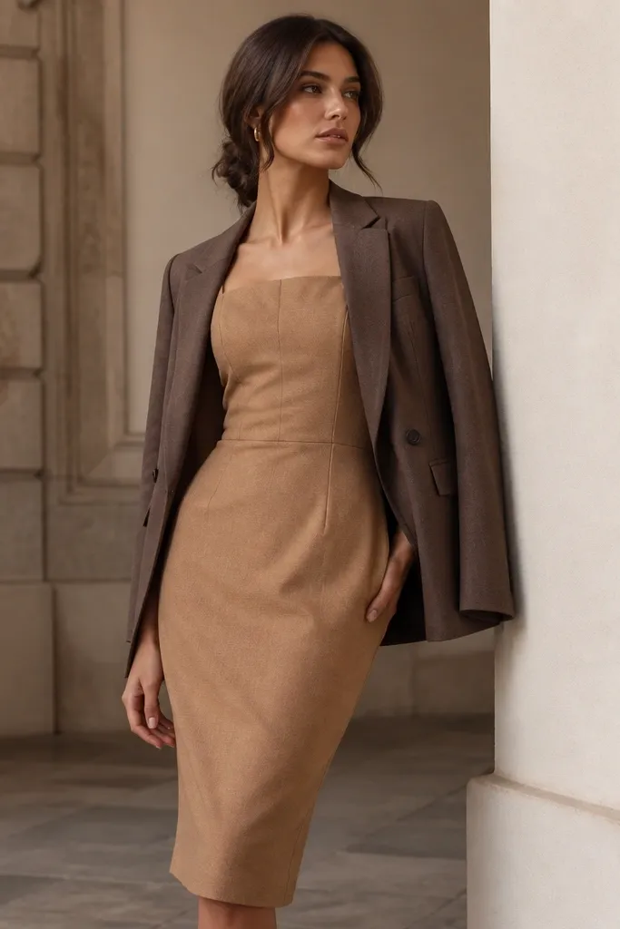 A camel wool-blend dress with a structured bodice and long sleeves, layered with a mid-brown blazer; the hem hits just below the knee.