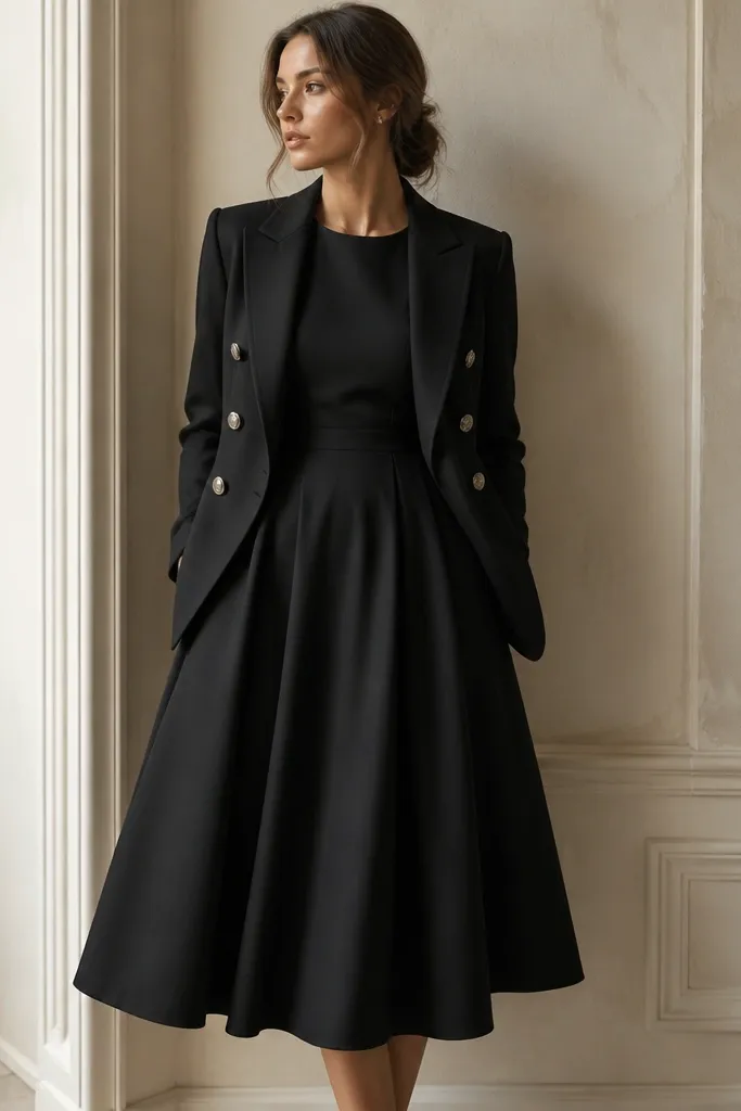 A black A-line midi dress with subtle pleats, styled with a black blazer that has silver buttons; the blazer is slightly open over the dress.