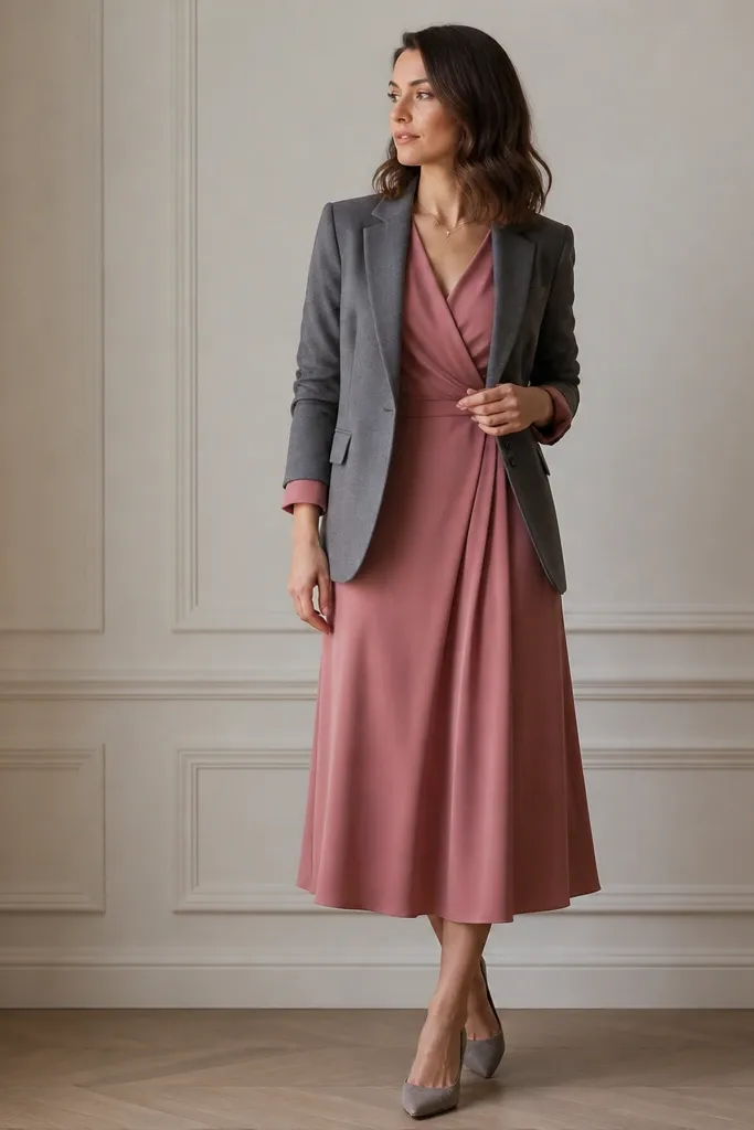 A dusty rose crepe midi dress with a wrap-like neckline and long sleeves, worn with a medium gray blazer; the hem falls mid-calf.