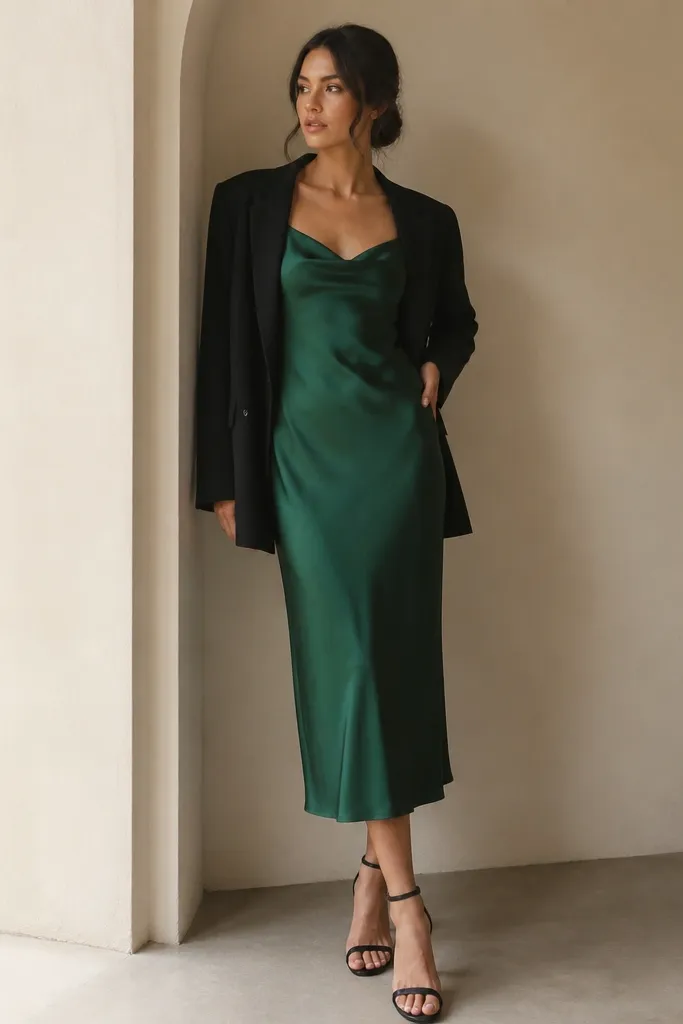 An emerald green satin column dress with spaghetti straps, layered with a black blazer; the hem is mid-calf and the dress line is straight.